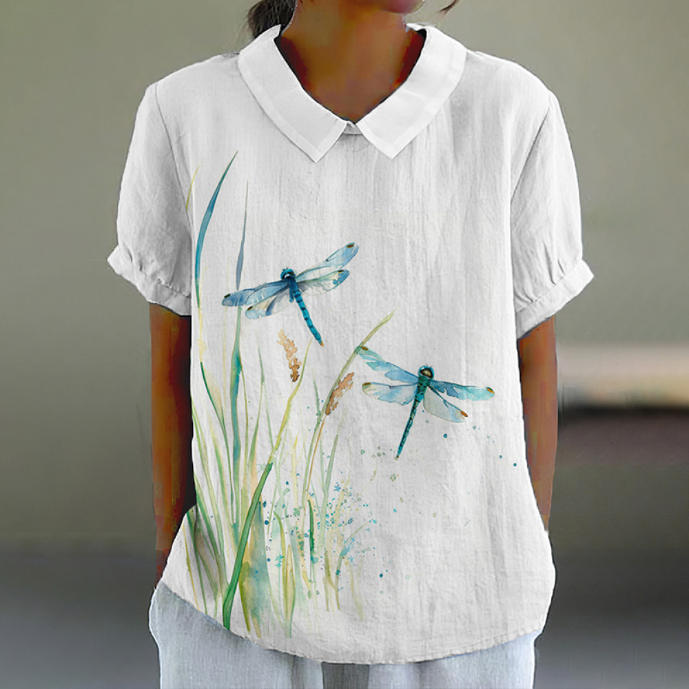 Women'S Watercolor Dragonfly Art Cotton Blend Print Lapel Shirt