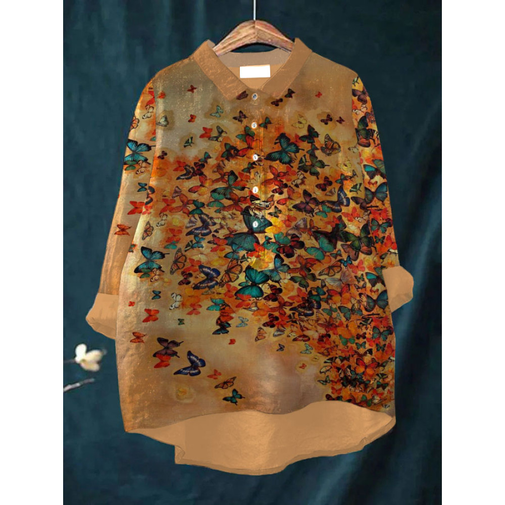 Women's Casual Butterfly Watercolor Printed Lapel Shirt