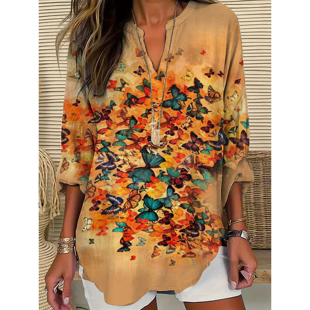 Women's Casual Butterfly Watercolor Printed V Neck Shirt