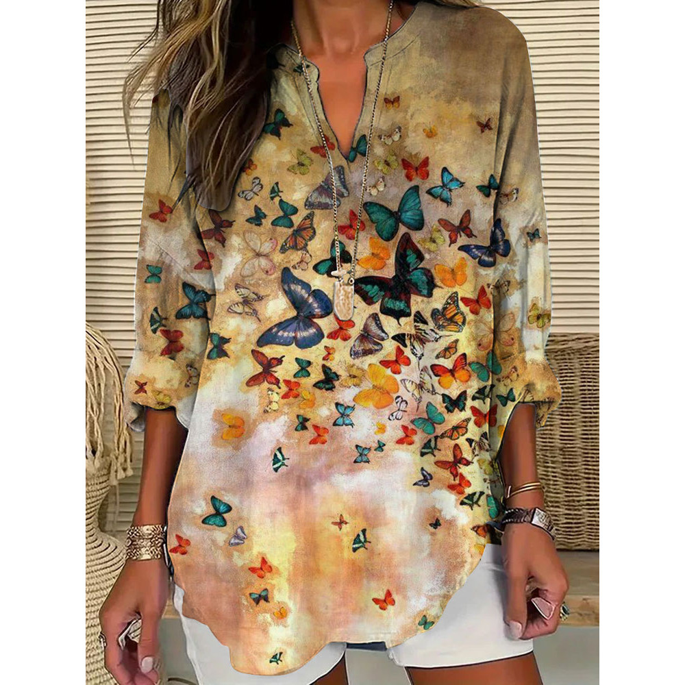 Women's Casual Butterfly Watercolor Printed V Neck Shirt