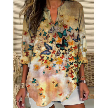 Women's Casual Butterfly Watercolor Printed V Neck Shirt