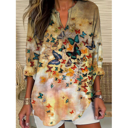 Women's Casual Butterfly Watercolor Printed V Neck Shirt