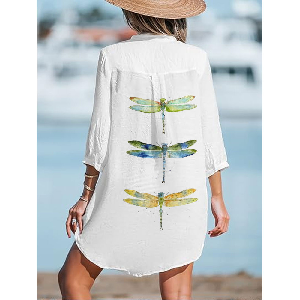 Women's Casual V-neck Watercolor Dragonfly Print Top