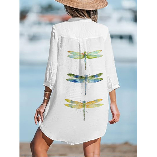 Women's Casual V-neck Watercolor Dragonfly Print Top