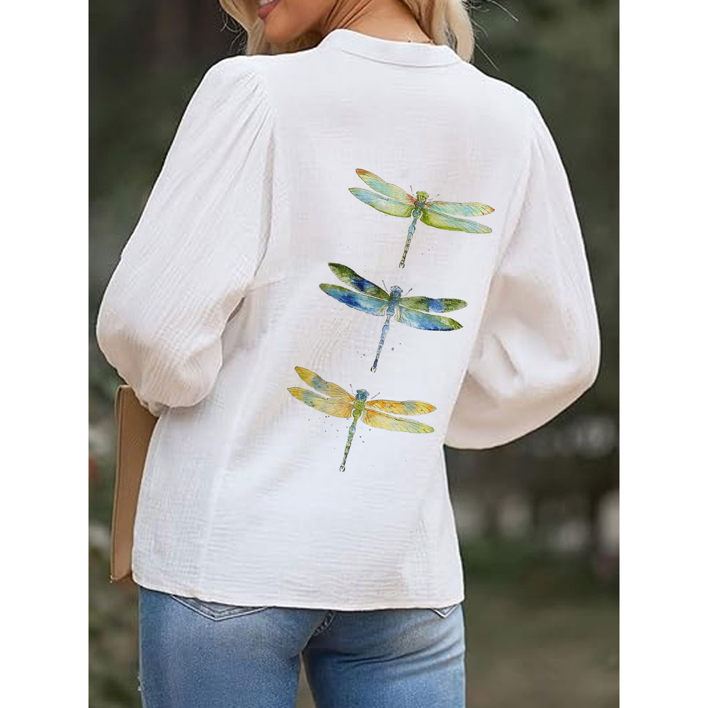 Women's Casual V-neck Watercolor Dragonfly Print Top