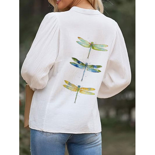 Women's Casual V-neck Watercolor Dragonfly Print Top