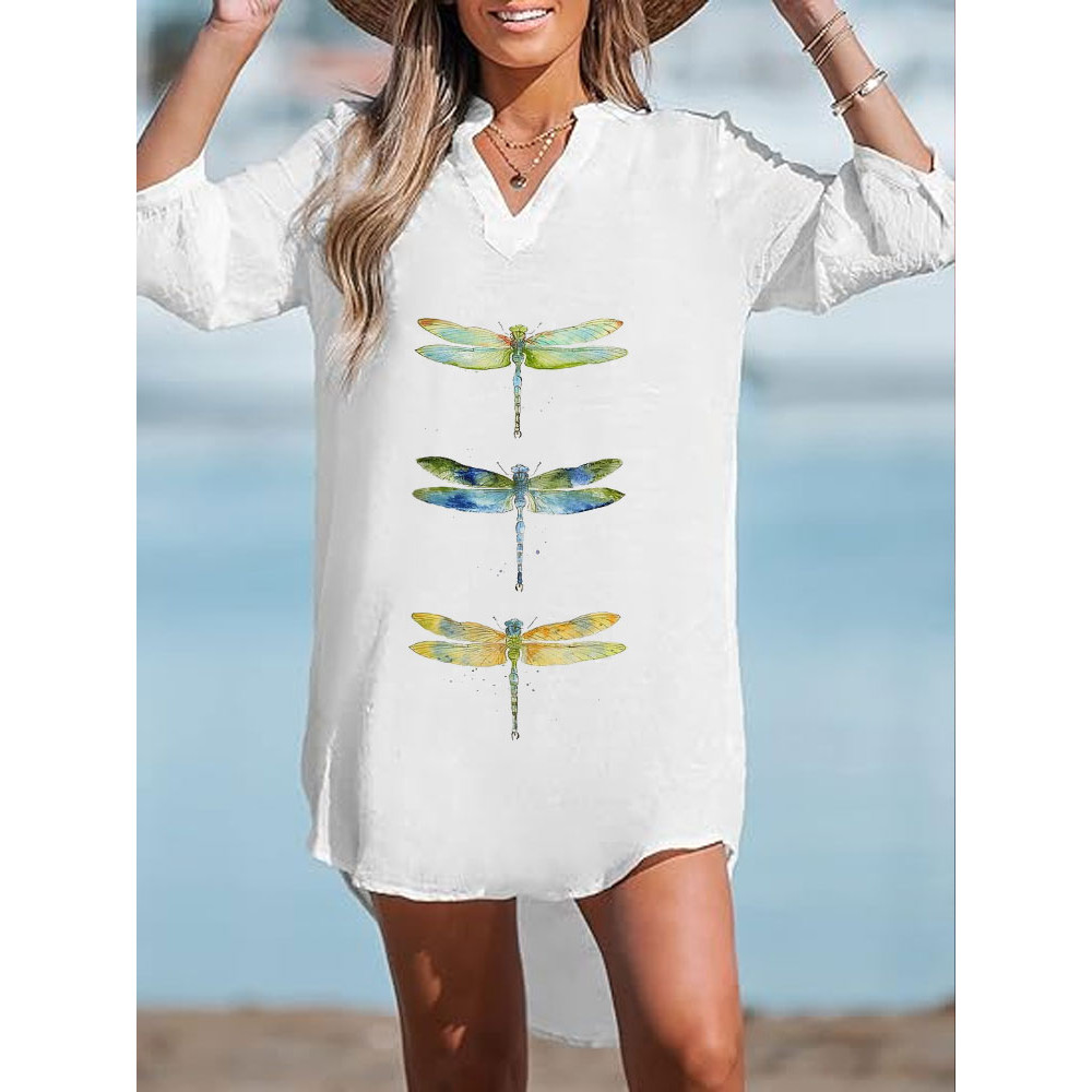 Women's Casual V-neck Watercolor Dragonfly Print Top