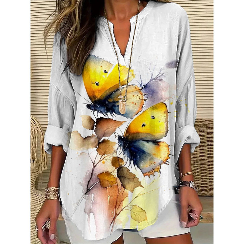 Women's Casual Watercolor Butterfly Cotton Blend Print T-shirt
