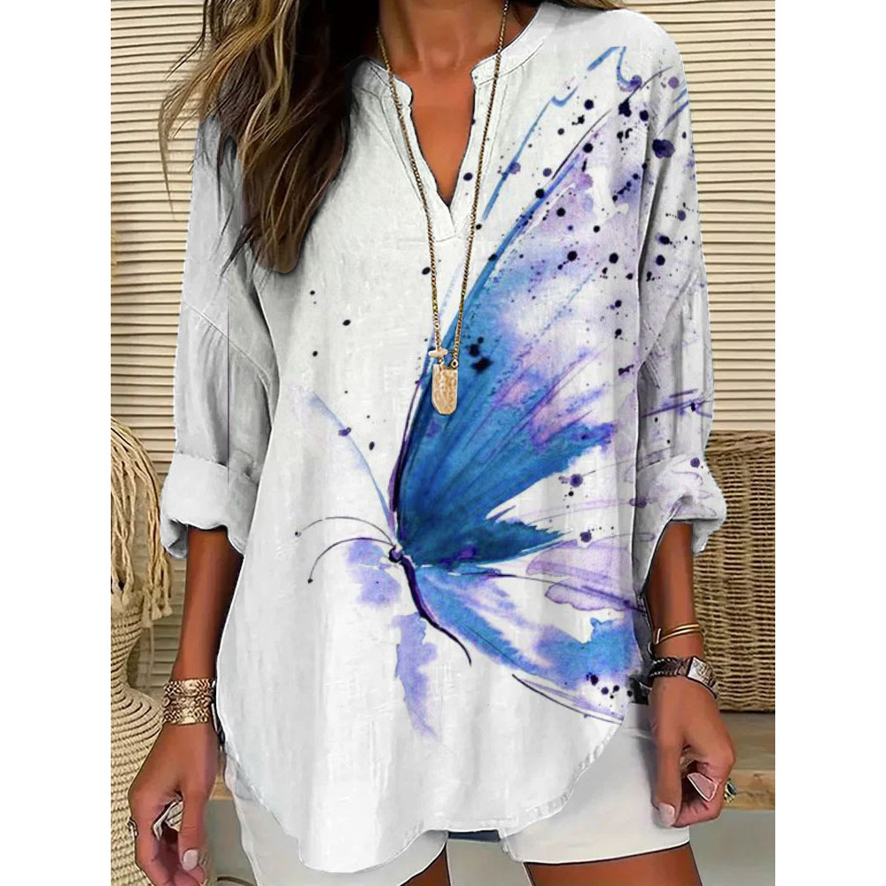 Women's Casual Watercolor Butterfly Cotton Blend Print T-shirt