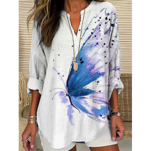 Women's Casual Watercolor Butterfly Cotton Blend Print T-shirt