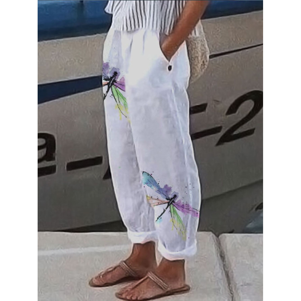 Women's Casual Watercolor Dragonfly Cotton Blend Print Pants