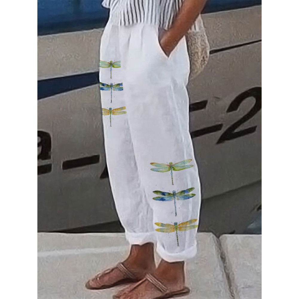 Women's Casual Watercolor Dragonfly Cotton Blend Print Pants