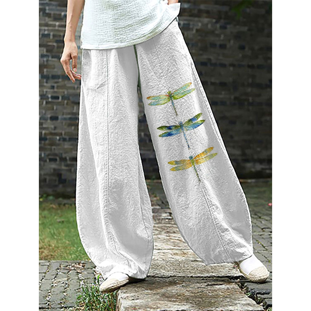 Women's Casual Watercolor Dragonfly Cotton Blend Print Pants