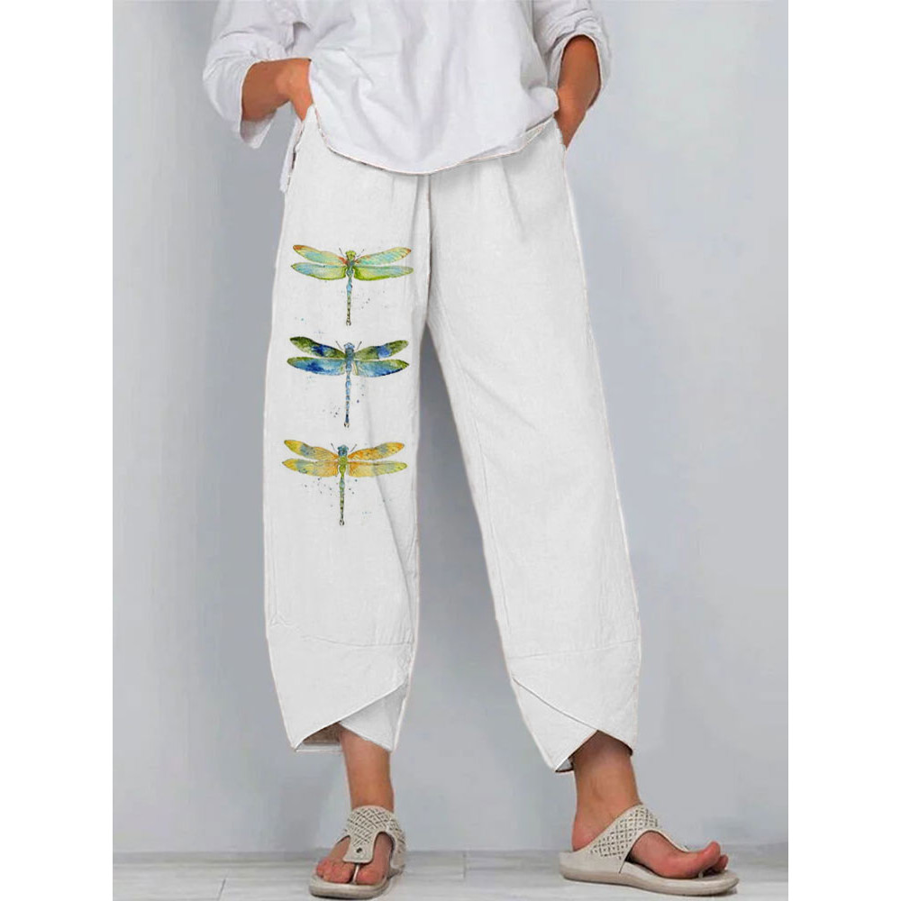 Women's Casual Watercolor Dragonfly Cotton Blend Print Pants
