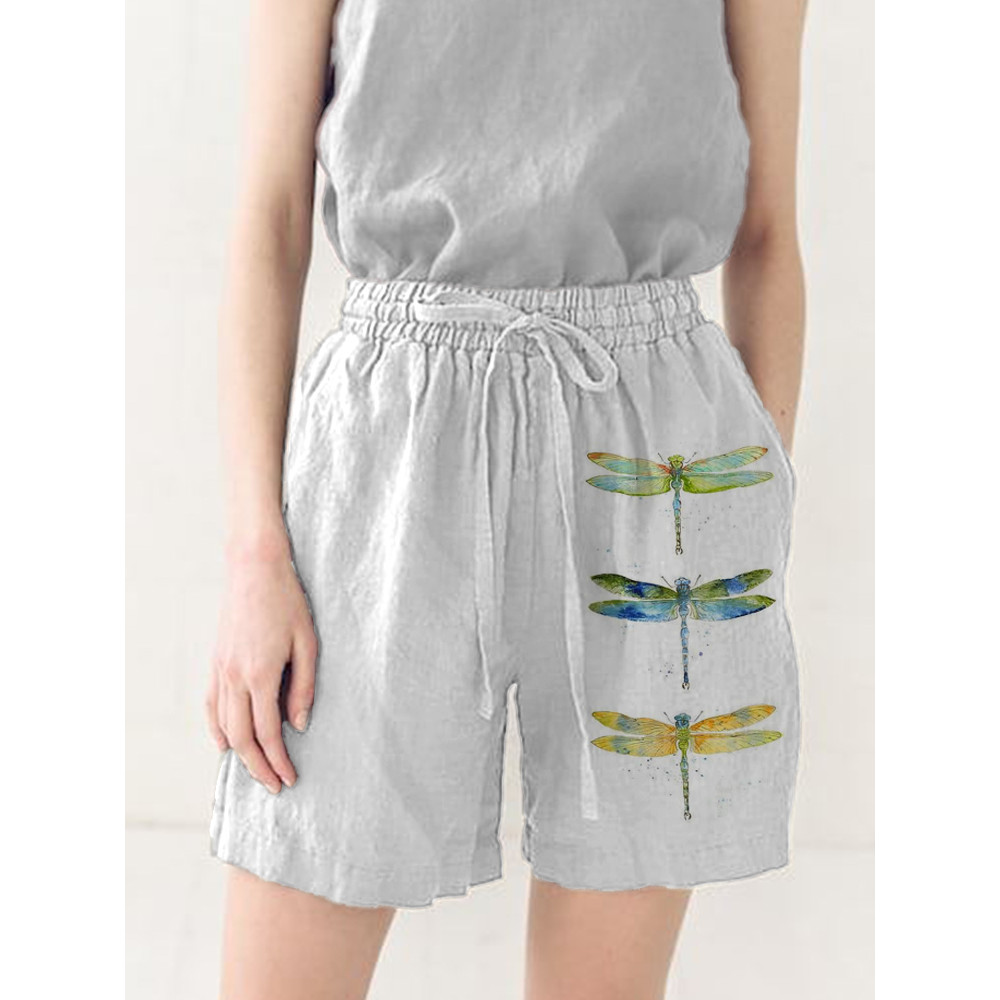 Women's Casual Watercolor Dragonfly Cotton Blend Print Short