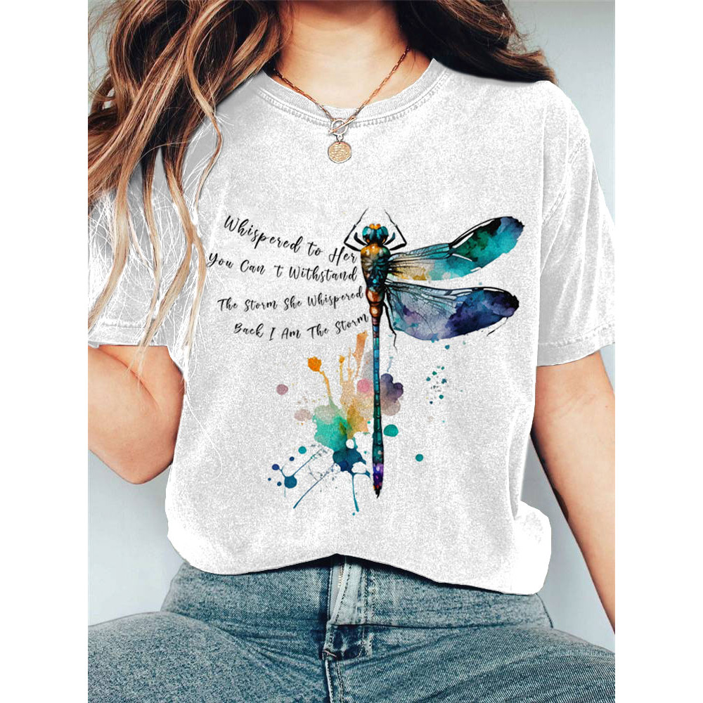 Women's Casual Watercolor Dragonfly Cotton Blend Print T-shirt