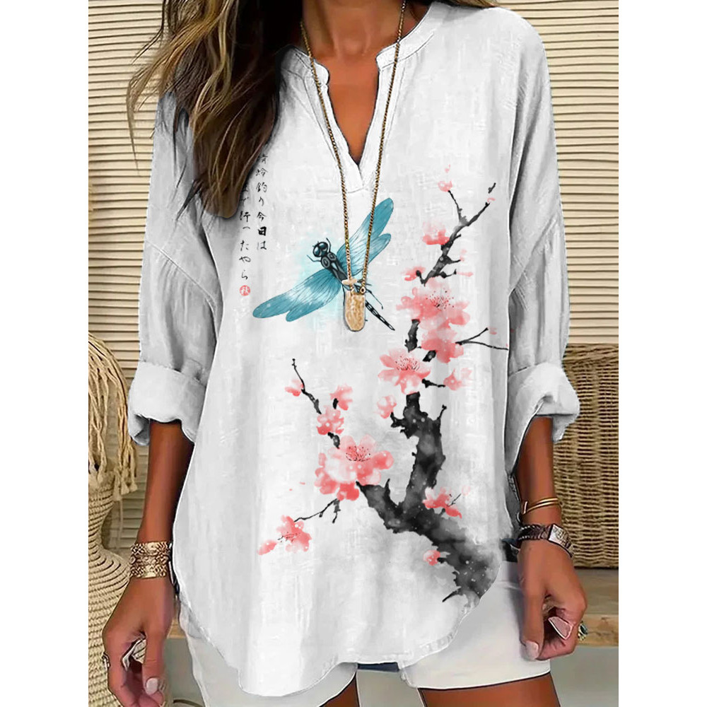 Women's Casual Watercolor Dragonfly Cotton Blend Print T-shirt