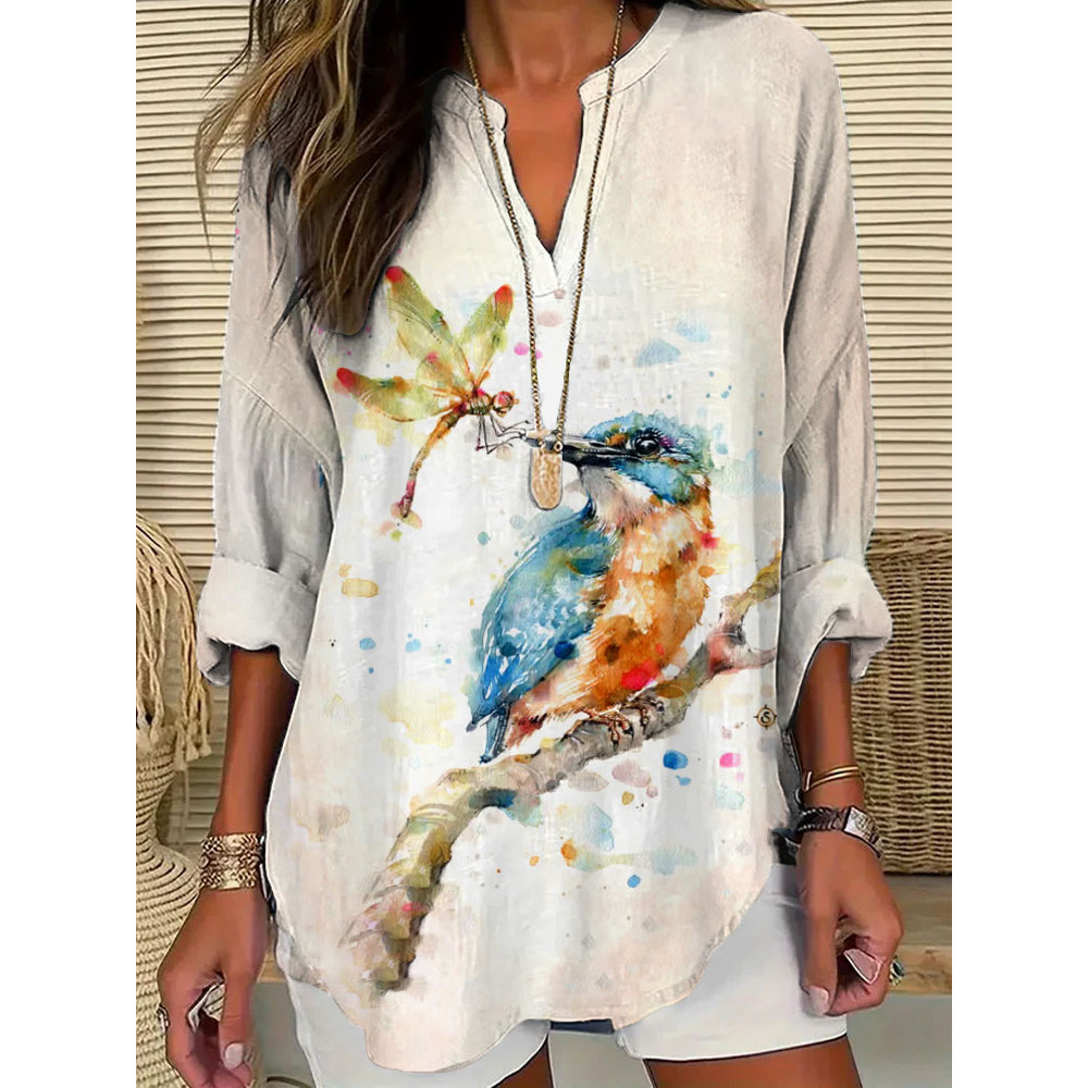 Women's Casual Watercolor Dragonfly Cotton Blend Print T-shirt