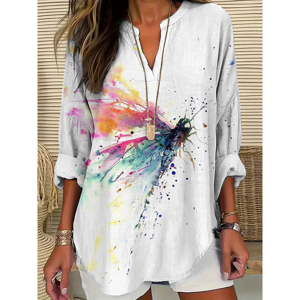 Women's Casual Watercolor Dragonfly Cotton Blend Print T-shirt