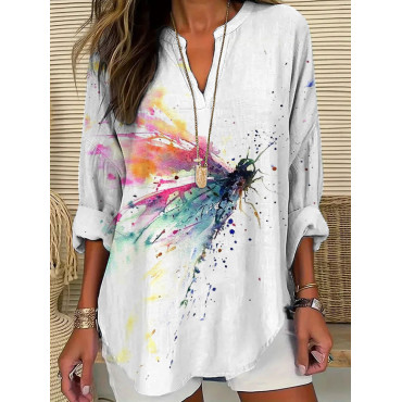 Women's Casual Watercolor Dragonfly Cotton Blend Print T-shirt