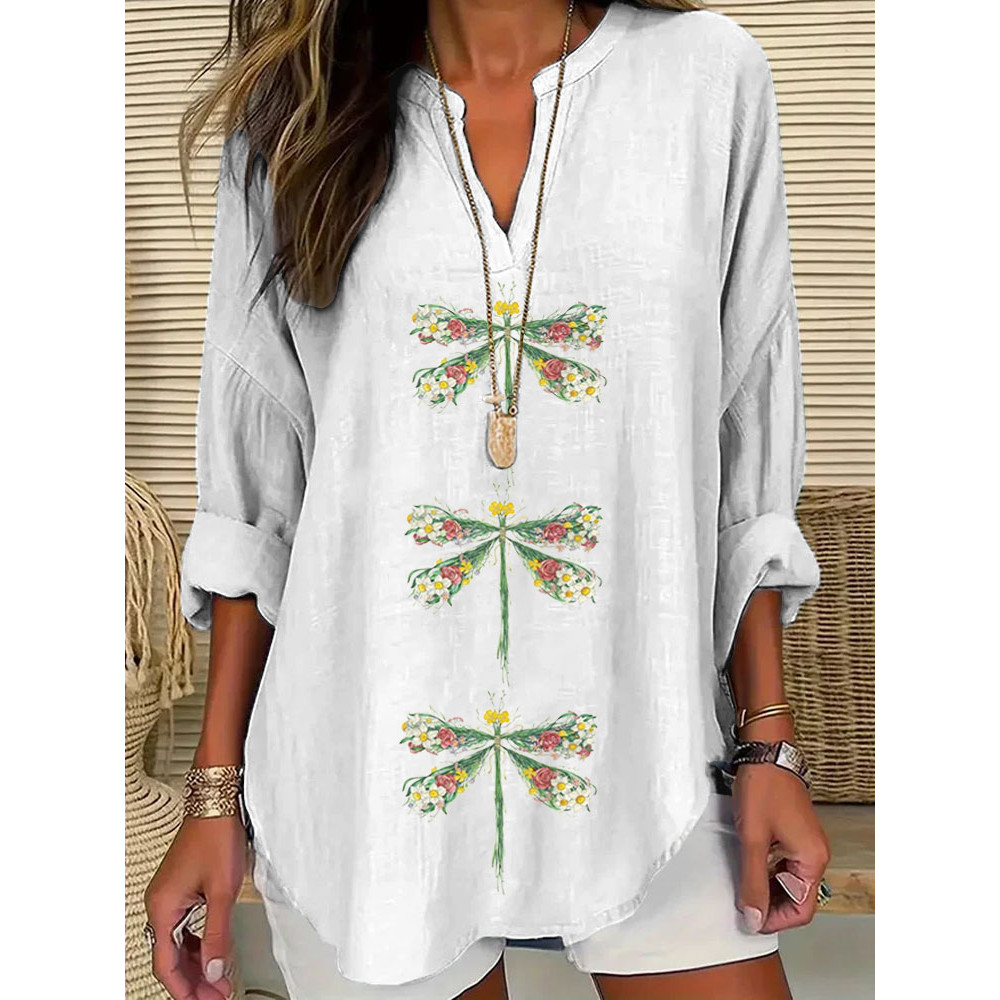 Women's Casual Watercolor Dragonfly Cotton Blend Print T-shirt