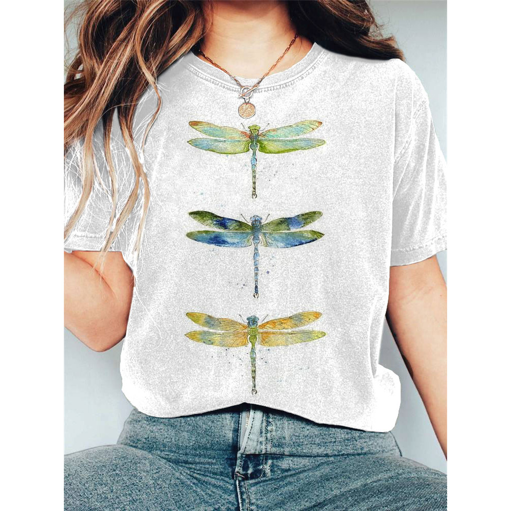 Women's Casual Watercolor Dragonfly Cotton Blend Print T-shirt