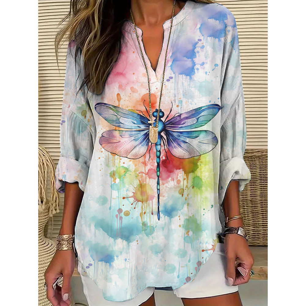 Women's Casual Watercolor Dragonfly Cotton Blend Print T-shirt3