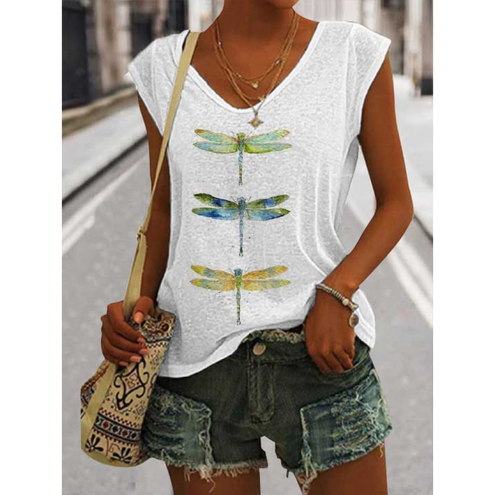 Women's Casual Watercolor Dragonfly Cotton Blend Print Vest