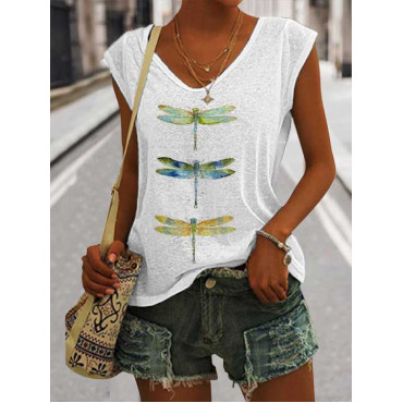 Women's Casual Watercolor Dragonfly Cotton Blend Print Vest
