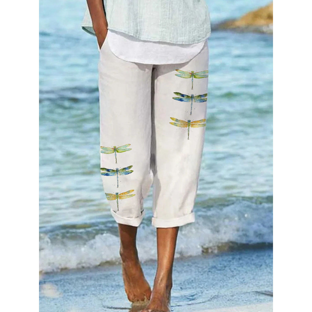 Women's Casual Watercolor Dragonfly Printed Cotton Pants