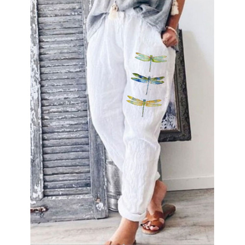 Women's Casual Watercolor Dragonfly Printed Cotton Pants