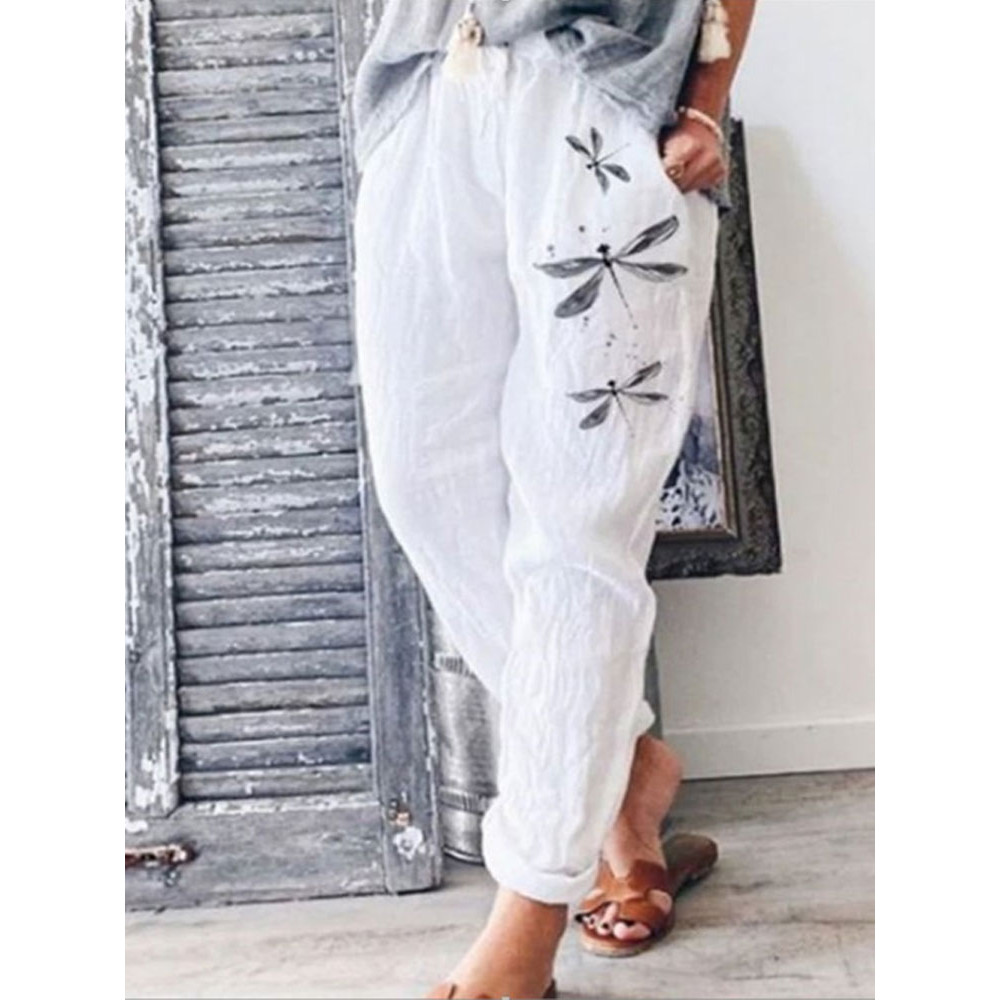 Women's Casual Watercolor Dragonfly Printed Cotton Pants
