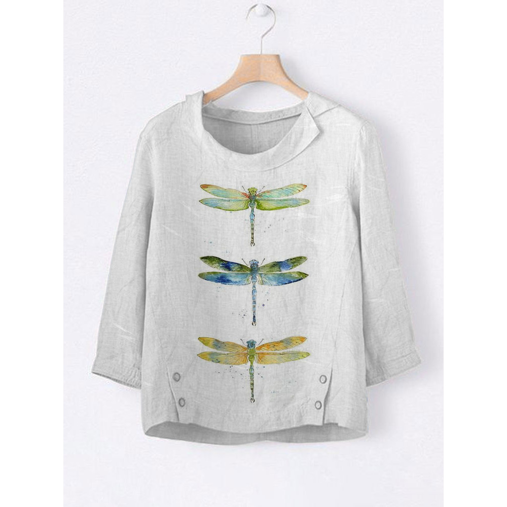 Women's Casual Watercolor Dragonfly Tree Cotton Blend Print T-shirt