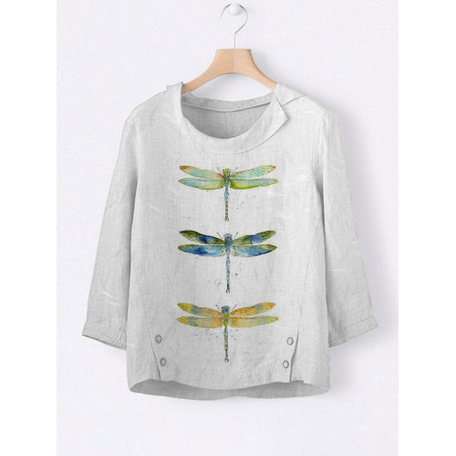 Women's Casual Watercolor Dragonfly Tree Cotton Blend Print T-shirt
