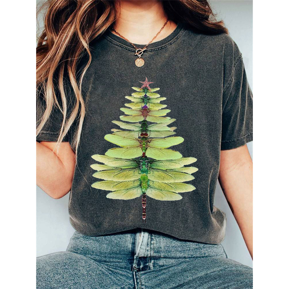 Women's Casual Watercolor Dragonfly Tree Cotton Blend Print T-shirt