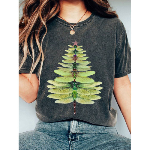 Women's Casual Watercolor Dragonfly Tree Cotton Blend Print T-shirt