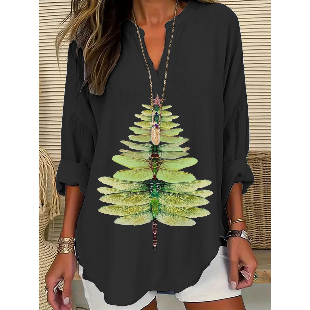 Women's Casual Watercolor Dragonfly Tree Cotton Blend Print T-shirt