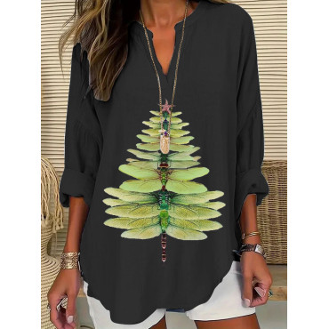 Women's Casual Watercolor Dragonfly Tree Cotton Blend Print T-shirt