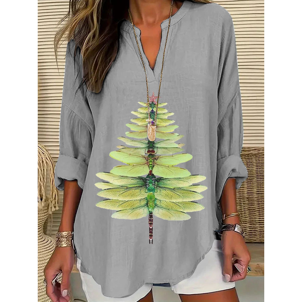 Women's Casual Watercolor Dragonfly Tree Cotton Blend Print T-shirt