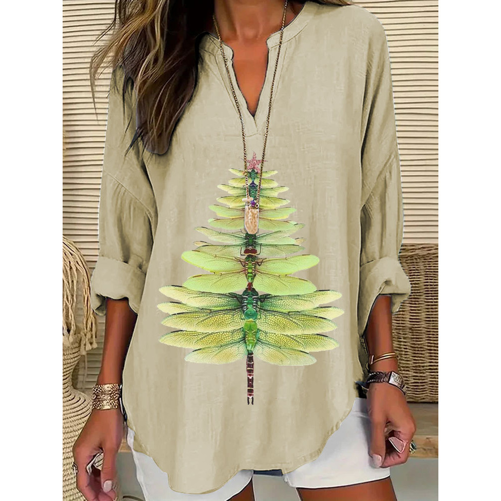 Women's Casual Watercolor Dragonfly Tree Cotton Blend Print T-shirt