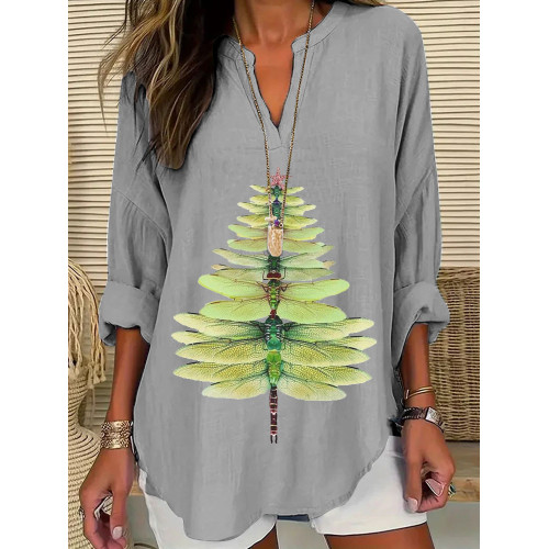 Women's Casual Watercolor Dragonfly Tree Cotton Blend Print T-shirt