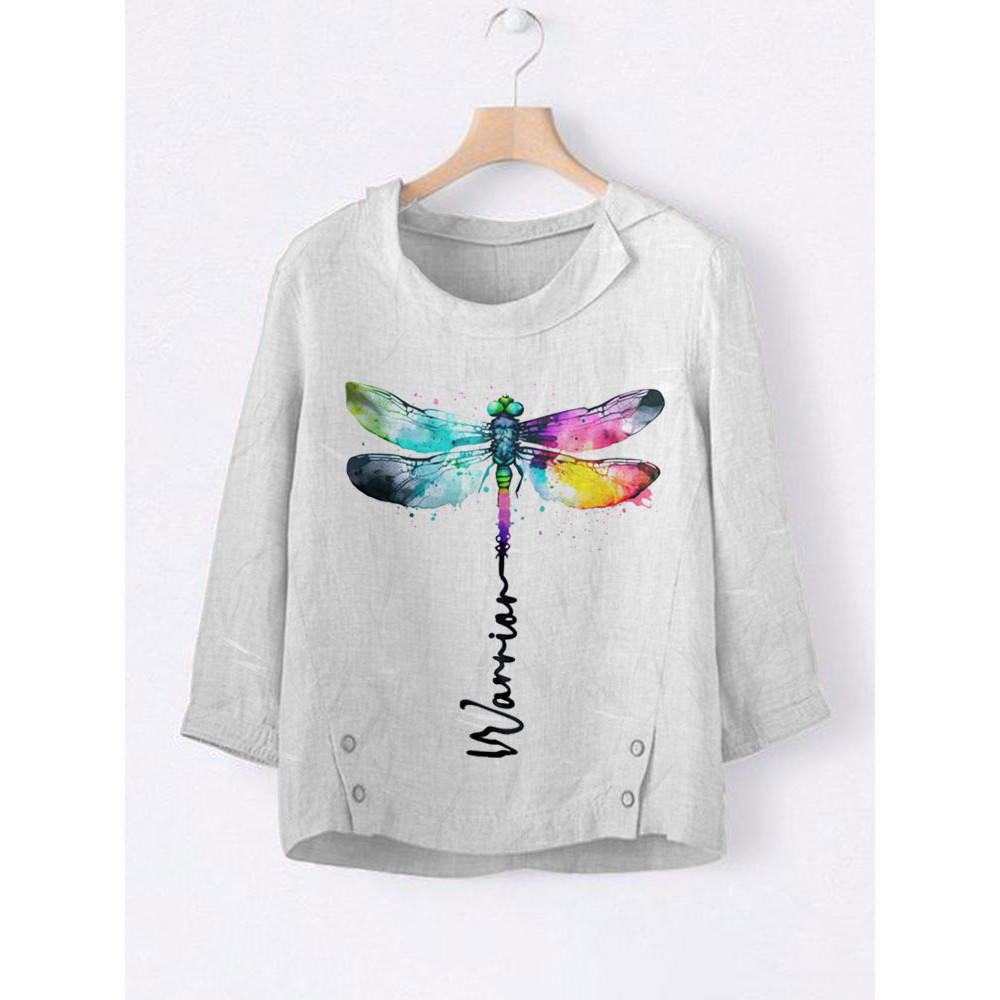 Women's Casual Watercolor Dragonfly Tree Cotton Blend Print T-shirt