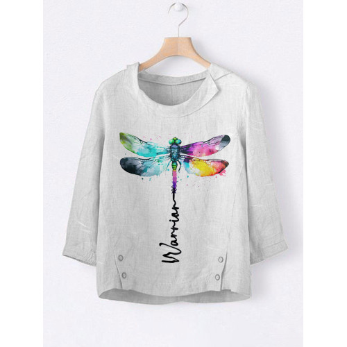 Women's Casual Watercolor Dragonfly Tree Cotton Blend Print T-shirt