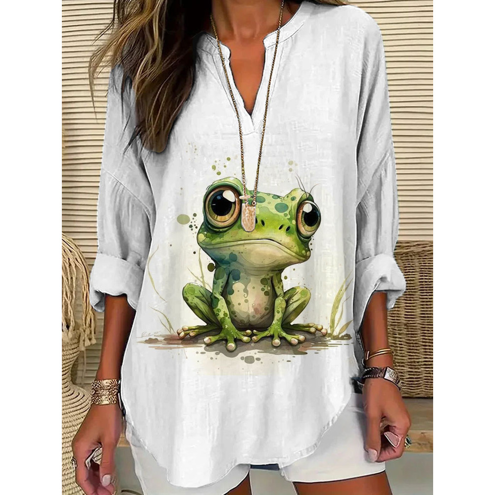 Women's Casual Watercolor Frog Cotton Blend Print T-shirt