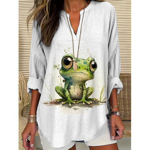 Women's Casual Watercolor Frog Cotton Blend Print T-shirt