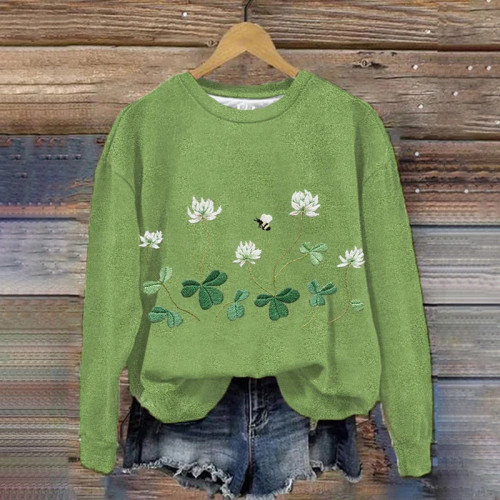 Women's Embroidered Clover And Bee Print Casual Sweatshirt