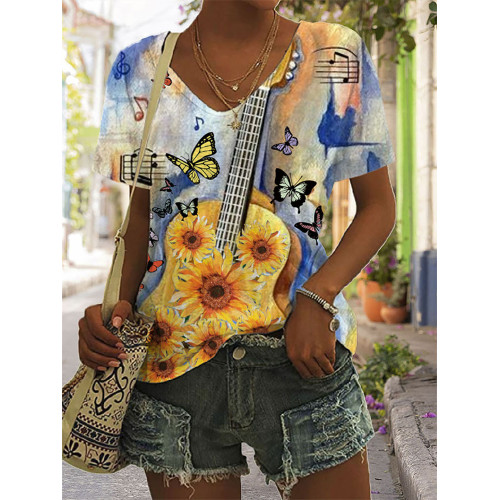 Women's Music Guitar Sunflower Butterfly T-shirt