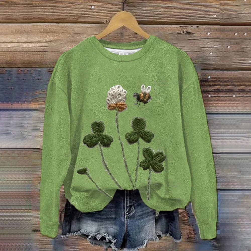 Women's St. Patrick Embroidered Clover And Bee Print Casual Sweatshirt
