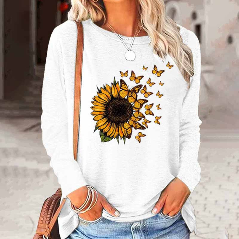 Women's Sunflower Butterfly Print Crew Neck Sweatshirt