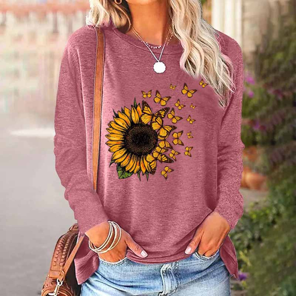 Women's Sunflower Butterfly Print Crew Neck Sweatshirt
